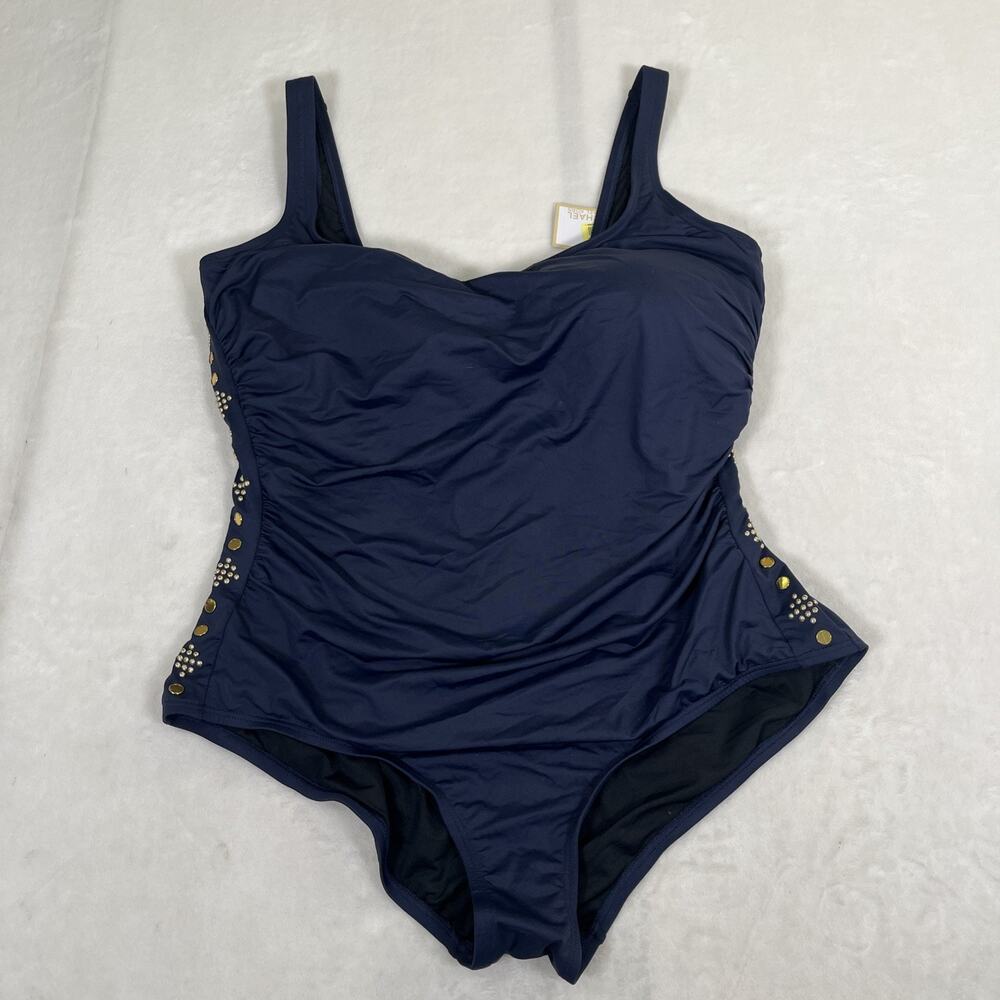 NWT Michael Kors U-Neck Gold Studded Sides Maillot 1-PC Swimsuit Navy Blue 22W